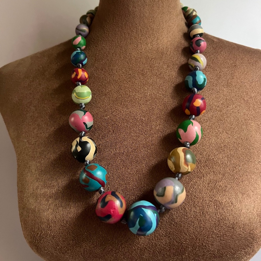Handmade Polymer Clay Colorful Bead Statement Necklace 28 Inch Maximalist